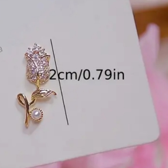 Gold Rhinestone Rose Earrings - Picture 4 of 6